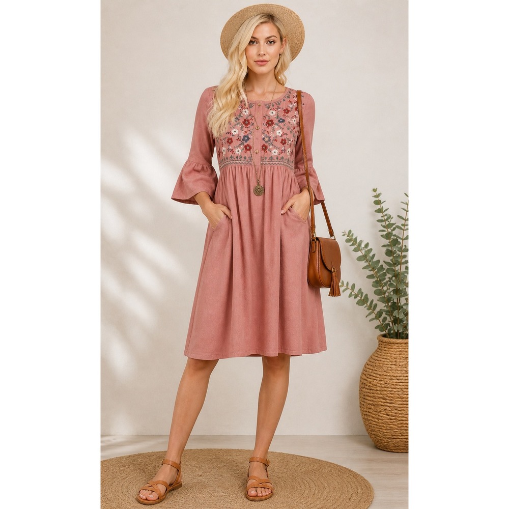 Polagram Boho Floral Embroidered Bell Sleeve Short Midi Dress Small